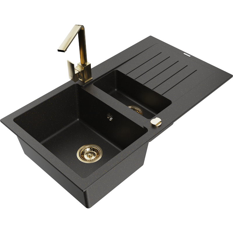 Mexen Matias granitový dřez 1,5-komorový s odkapávačem a kuchyňskou baterií Rita, černý/zlatý - 6502-75-670300-50
