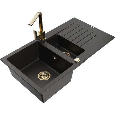 Mexen Matias granitový dřez 1,5-komorový s odkapávačem a kuchyňskou baterií Rita, černý/zlatý - 6502-75-670300-50