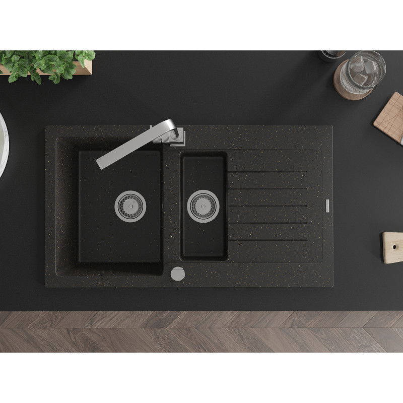 Mexen Matias granitový dřez 1,5 komorový s odkapávačem a kuchyňskou baterií Rita, černý/zlatý - 6502-75-670300-00