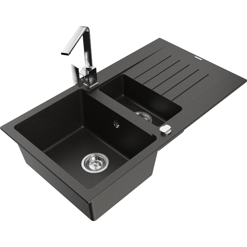 Mexen Matias granitový dřez 1,5 komorový s odkapávačem a kuchyňskou baterií Rita, černý/zlatý - 6502-75-670300-00