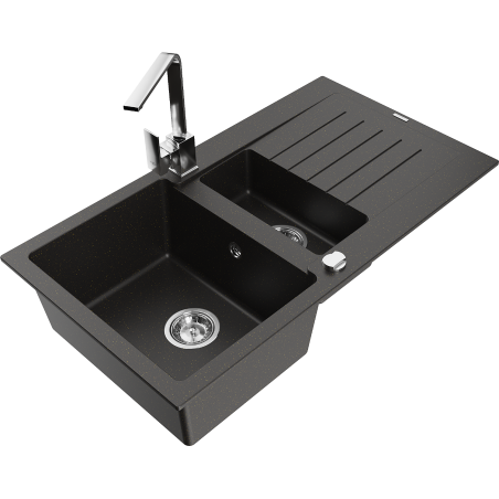 Mexen Matias granitový dřez 1,5 komorový s odkapávačem a kuchyňskou baterií Rita, černý/zlatý - 6502-75-670300-00