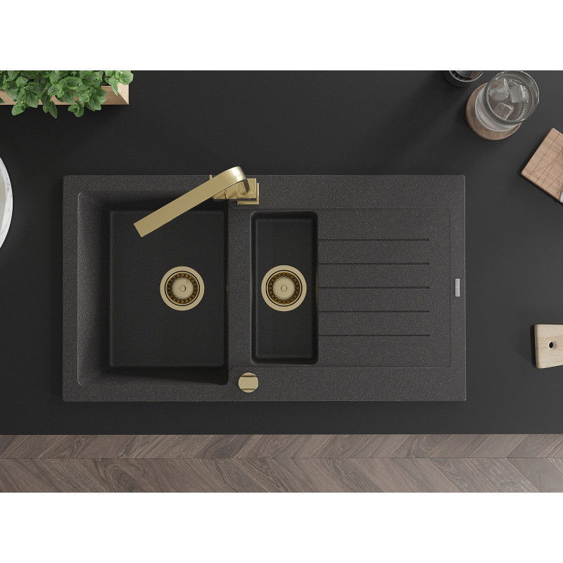 Mexen Matias žulový dřez 1,5-komorový s odkapávačem a kuchyňskou baterií Rita, černý s bílými tečkami - 6502-76-670300-50