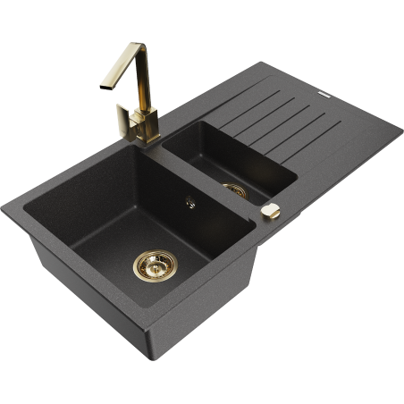 Mexen Matias žulový dřez 1,5-komorový s odkapávačem a kuchyňskou baterií Rita, černý s bílými tečkami - 6502-76-670300-50