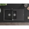 Mexen Matias granitový dřez 1,5-komorový s odkapávačem a kuchyňskou baterií Rita, černý skvrnitý - 6502-76-670300-70