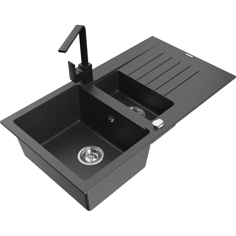 Mexen Matias granitový dřez 1,5-komorový s odkapávačem a kuchyňskou baterií Rita, černý skvrnitý - 6502-76-670300-70