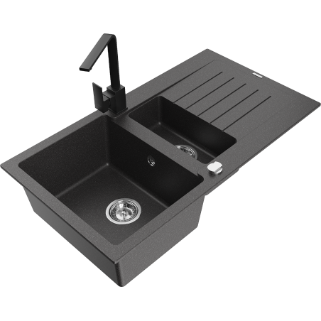 Mexen Matias granitový dřez 1,5-komorový s odkapávačem a kuchyňskou baterií Rita, černý skvrnitý - 6502-76-670300-70