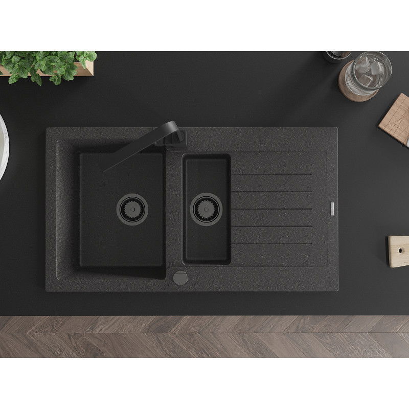 Mexen Matias granitový dřez 1,5 komorový s odkapávačem a kuchyňskou baterií Rita, černý skvrnitý - 6502-76-670300-70-B