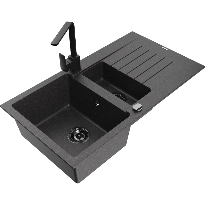 Mexen Matias granitový dřez 1,5 komorový s odkapávačem a kuchyňskou baterií Rita, černý skvrnitý - 6502-76-670300-70-B