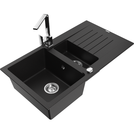 Mexen Matias granitový dřez 1,5-komorový s odkapávačem a kuchyňskou baterií Rita, černý - 6502-77-670300-00