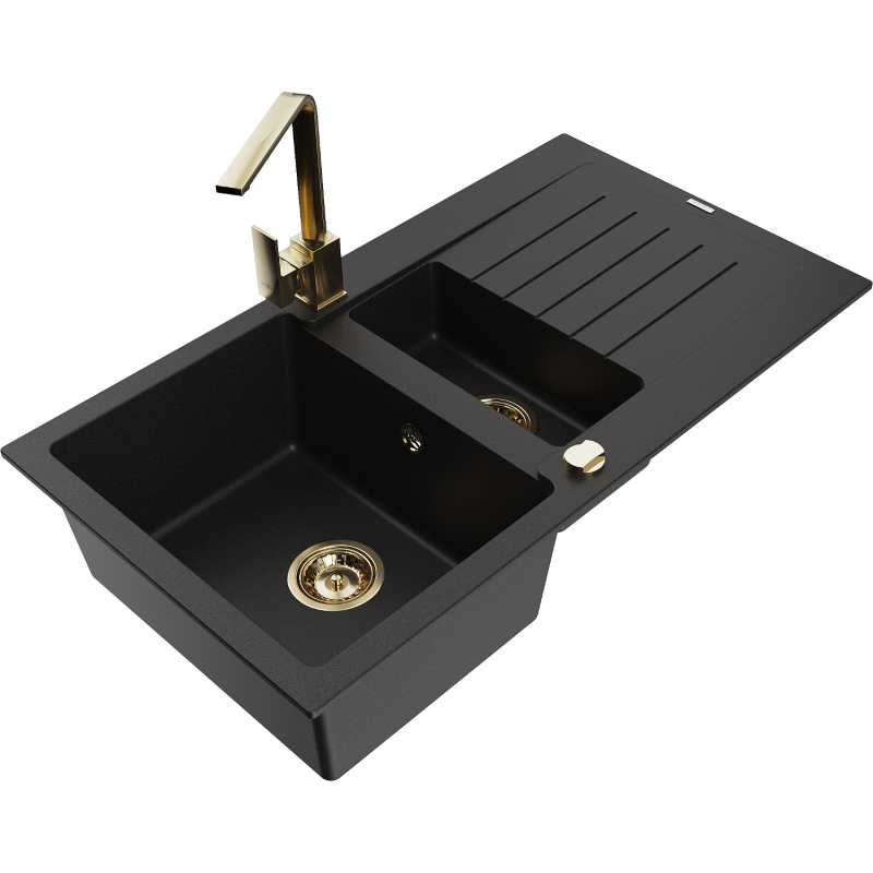 Mexen Matias žulový dřez 1,5-komorový s odkapávačem a kuchyňskou baterií Rita, černý - 6502-77-670300-50