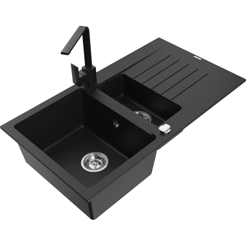 Mexen Matias granitový dřez 1,5-komorový s odkapávačem a kuchyňskou baterií Rita, černý - 6502-77-670300-70