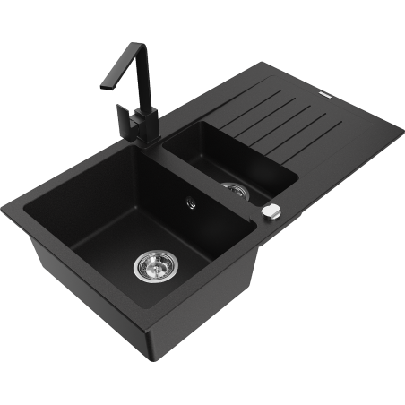 Mexen Matias granitový dřez 1,5-komorový s odkapávačem a kuchyňskou baterií Rita, černý - 6502-77-670300-70