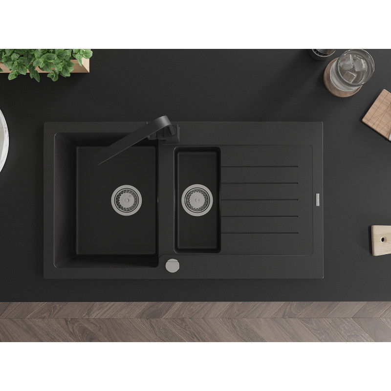 Mexen Matias granitový dřez 1,5-komorový s odkapávačem a kuchyňskou baterií Rita, černý - 6502-77-670300-70