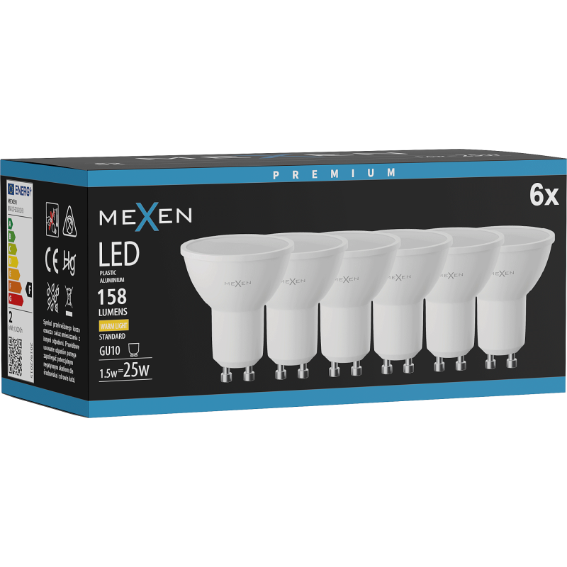 Mexen Nova 6x LED žárovka GU10, 1,5W, Teplá - 3000K, 158 lm - L107-GU10-0130-01x06