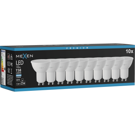 Mexen Nova 10x LED žárovka GU10, 1,5W, Studená - 6500K, 158 lm - L107-GU10-0165-01x10