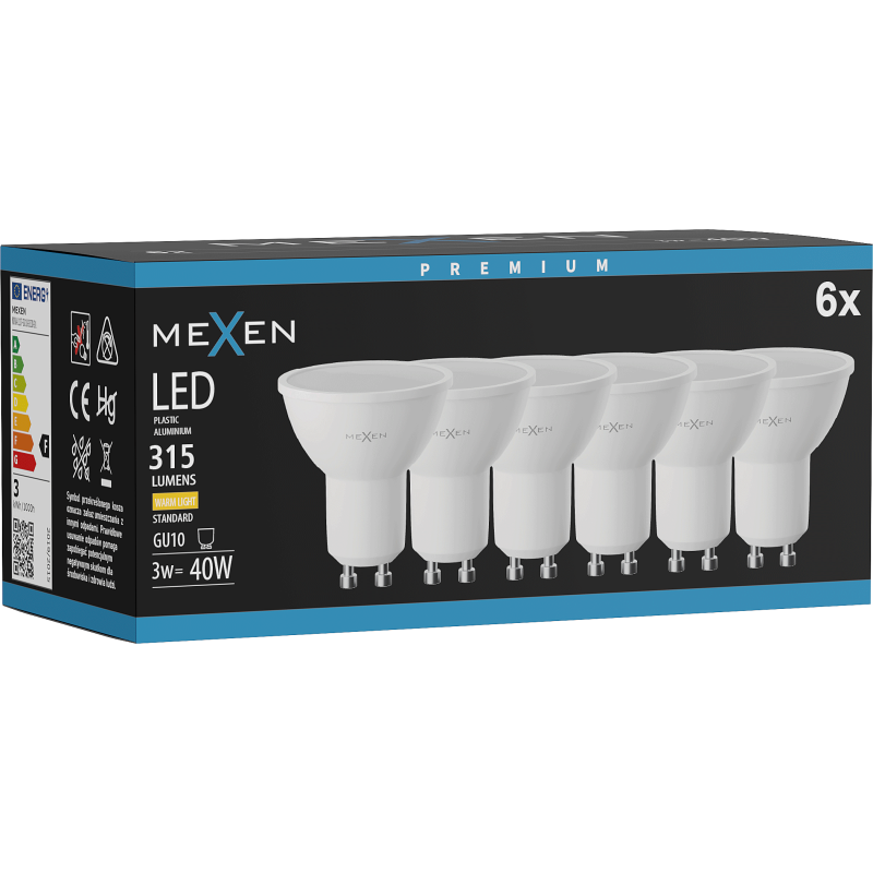 Mexen Nova 6x LED žárovka GU10, 3W, Teplá - 3000K, 315 lm - L107-GU10-0330-01x06
