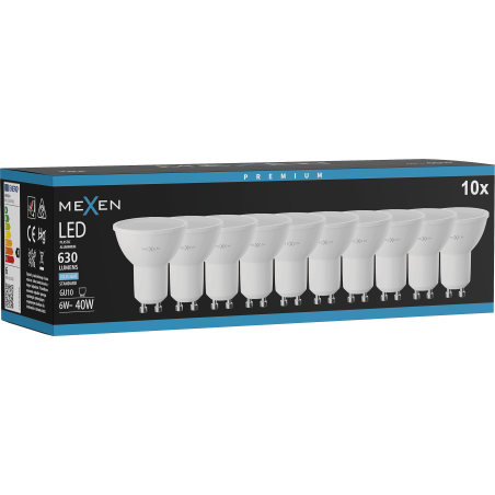 Mexen Nova 10x LED žárovka GU10, 6W, Studená - 6500K, 630 lm - L107-GU10-0665-01x10
