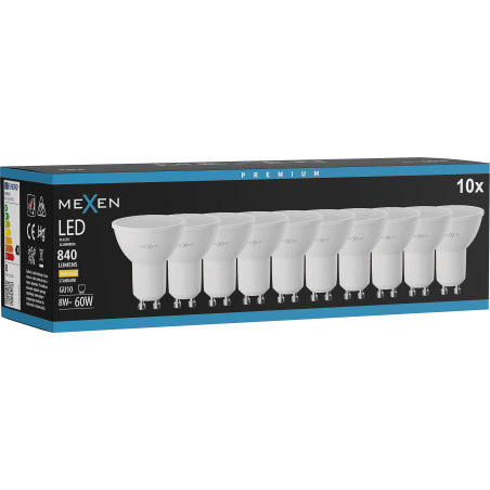 Mexen Nova 10x LED žárovka GU10, 8W, Teplá - 3000K, 840 lm - L108-GU10-0830-01x10