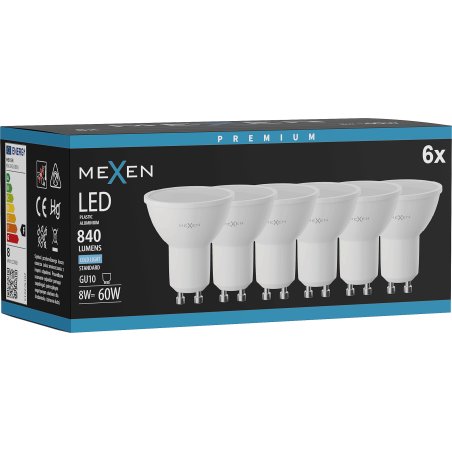 Mexen Nova 6x LED žárovka GU10, 8W, Studená - 6500K, 840 lm - L108-GU10-0865-01x06