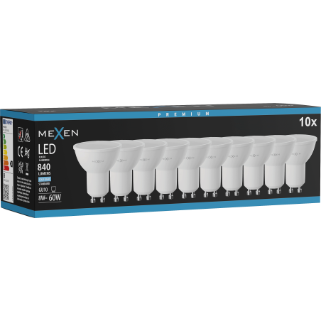 Mexen Nova 10x Žárovka LED GU10, 8W, Studená - 6500K, 840 lm - L108-GU10-0865-01x10