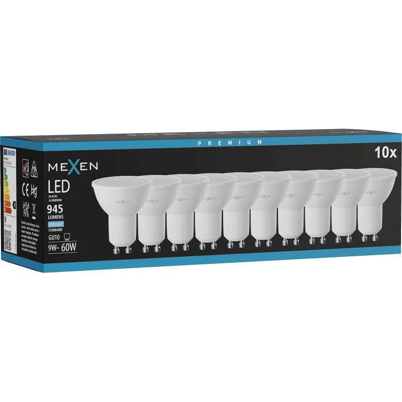 Mexen Nova 10x LED žárovka GU10, 9W, Studená - 6500K, 945 lm - L108-GU10-0965-01x10