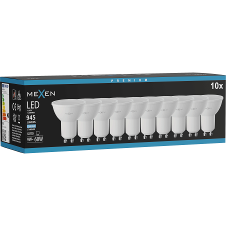 Mexen Nova 10x LED žárovka GU10, 9W, Studená - 6500K, 945 lm - L108-GU10-0965-01x10
