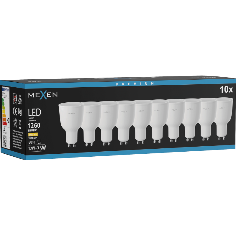 Mexen Nova 10x LED žárovka GU10, 12W, Teplá - 3000K, 1260 lm - L108-GU10-1230-01x10