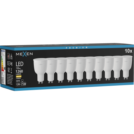 Mexen Nova 10x LED žárovka GU10, 12W, Teplá - 3000K, 1260 lm - L108-GU10-1230-01x10