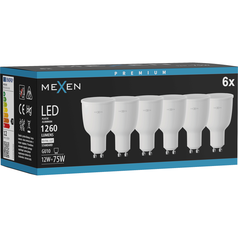 Mexen Nova 6x LED žárovka GU10, 12W, Neutrální - 4000K, 1260 lm - L108-GU10-1240-01x06