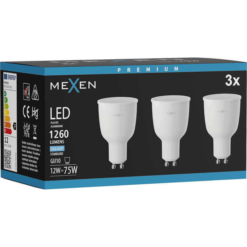 Mexen Nova 3x LED žárovka GU10, 12W, Studená - 6500K, 1260 lm - L108-GU10-1265-01x03