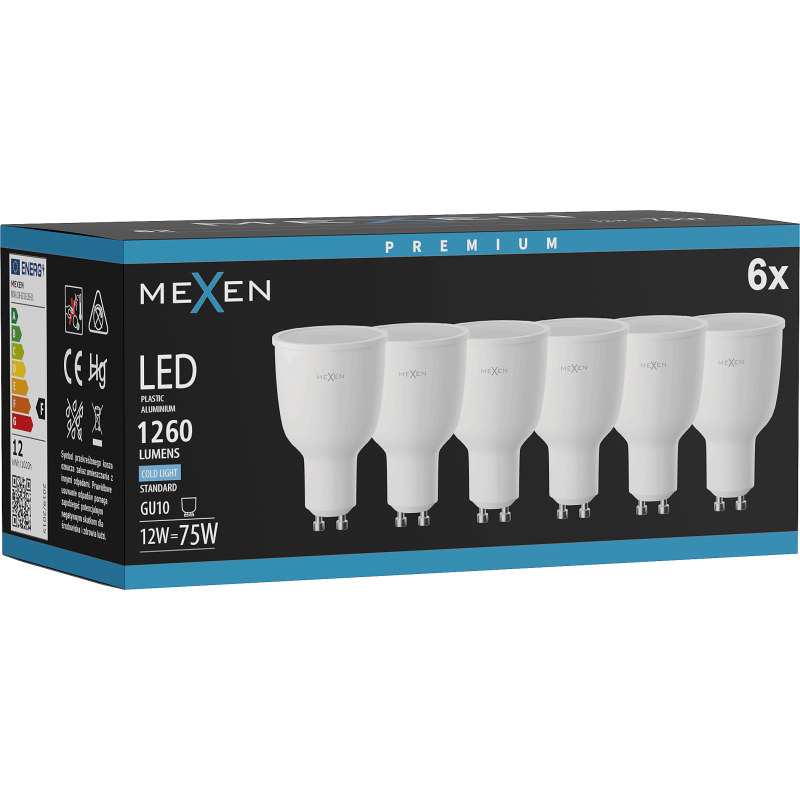 Mexen Nova 6x Žárovka LED GU10, 12W, Studená - 6500K, 1260 lm - L108-GU10-1265-01x06