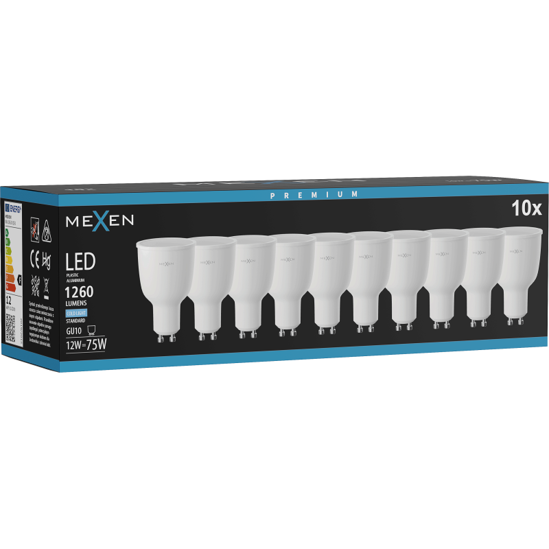 Mexen Nova 10x LED žárovka GU10, 12W, Studená - 6500K, 1260 lm - L108-GU10-1265-01x10