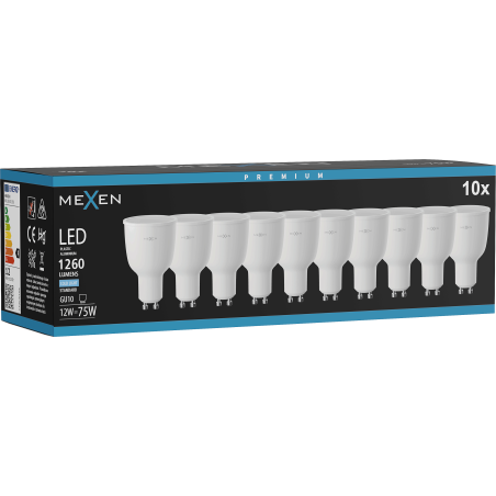 Mexen Nova 10x LED žárovka GU10, 12W, Studená - 6500K, 1260 lm - L108-GU10-1265-01x10
