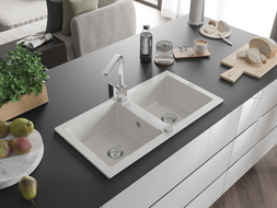 Mexen Mario dvoukomorový granitový dřez s kuchyňskou baterií Rita, bílý - 6504-20-670300-00