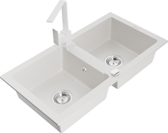 Mexen Mario žulový dřez 2-komorový s kuchyňskou baterií Rita, bílý - 6504-20-670300-20