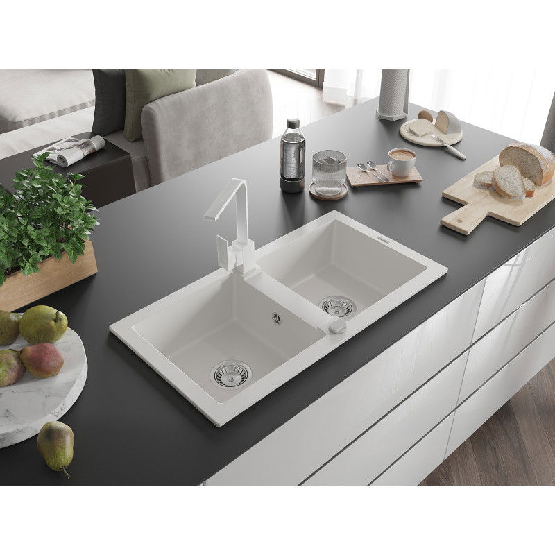 Mexen Mario žulový dřez 2-komorový s kuchyňskou baterií Rita, bílý - 6504-20-670300-20