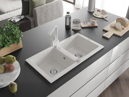 Mexen Mario žulový dřez 2-komorový s kuchyňskou baterií Rita, bílý - 6504-20-670300-20