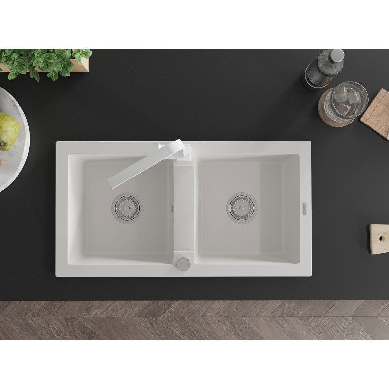 Mexen Mario žulový dřez 2-komorový s kuchyňskou baterií Rita, bílý - 6504-20-670300-20