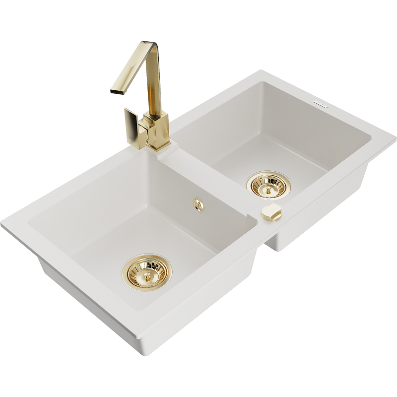 Mexen Mario dvoukomorový granitový dřez s kuchyňskou baterií Rita, bílý - 6504-20-670300-50