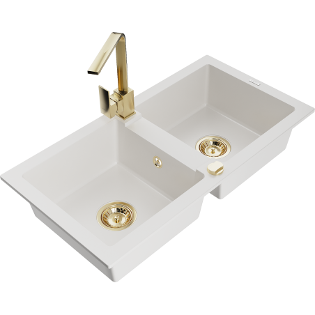 Mexen Mario dvoukomorový granitový dřez s kuchyňskou baterií Rita, bílý - 6504-20-670300-50