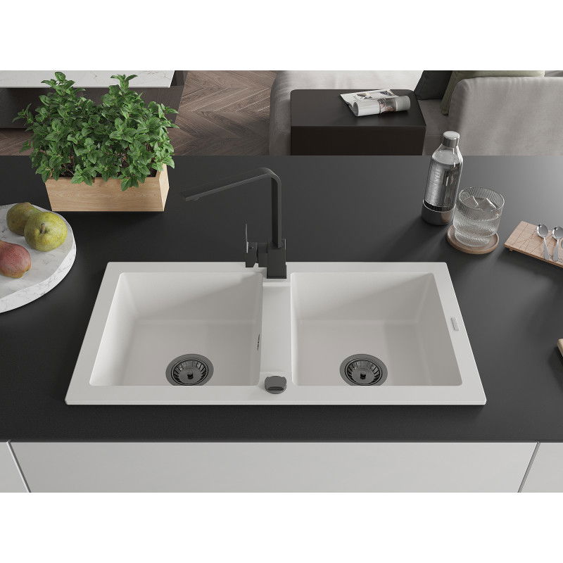 Mexen Mario žulový dřez s dvojitou komorou s kuchyňskou baterií Rita, bílý - 6504-20-670300-70