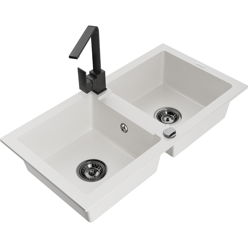 Mexen Mario žulový dřez s dvojitou komorou s kuchyňskou baterií Rita, bílý - 6504-20-670300-70