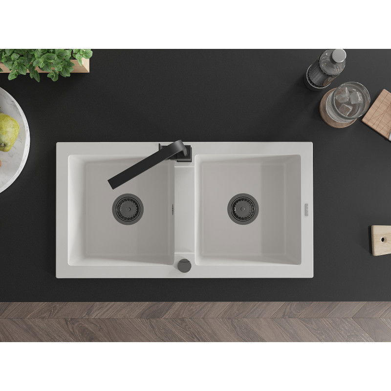 Mexen Mario žulový dřez s dvojitou komorou s kuchyňskou baterií Rita, bílý - 6504-20-670300-70