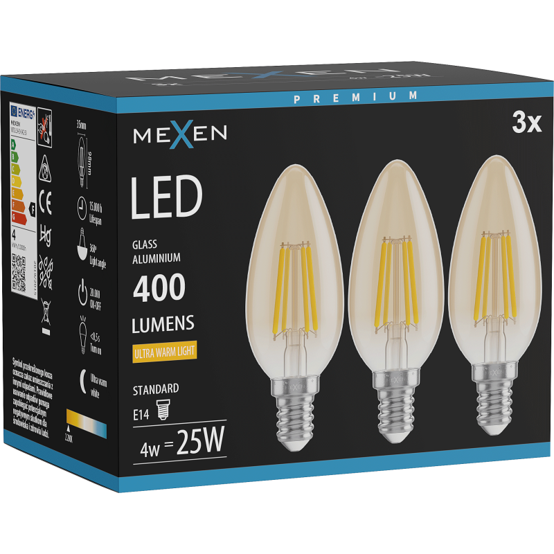 Mexen Vintis 3x LED filamentová žárovka E14, C35, 4W, Teplá - 2200K, 400 lm, jantarová - L154-E14-0422-50x03
