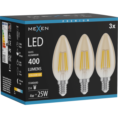 Mexen Vintis 3x LED filamentová žárovka E14, C35, 4W, Teplá - 2200K, 400 lm, jantarová - L154-E14-0422-50x03