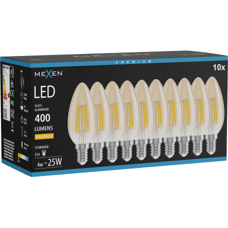 Mexen Vintis 10x LED žárovka filament E14, C35, 4W, Teplá - 2200K, 400 lm, amber - L154-E14-0422-50x10