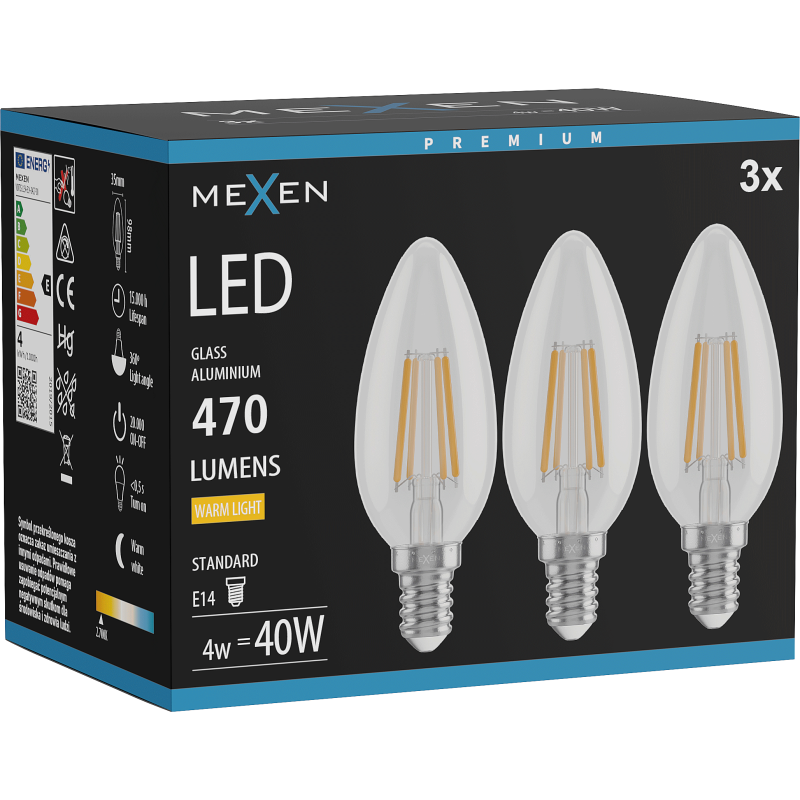 Mexen Vintis 3x žárovka filament LED E14, C35, 4W, Teplá - 2700K, 470 lm, čirá - L154-E14-0427-00x03