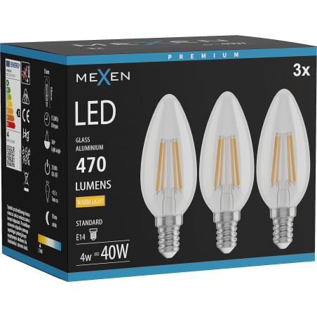 Mexen Vintis 3x žárovka filament LED E14, C35, 4W, Teplá - 2700K, 470 lm, čirá - L154-E14-0427-00x03