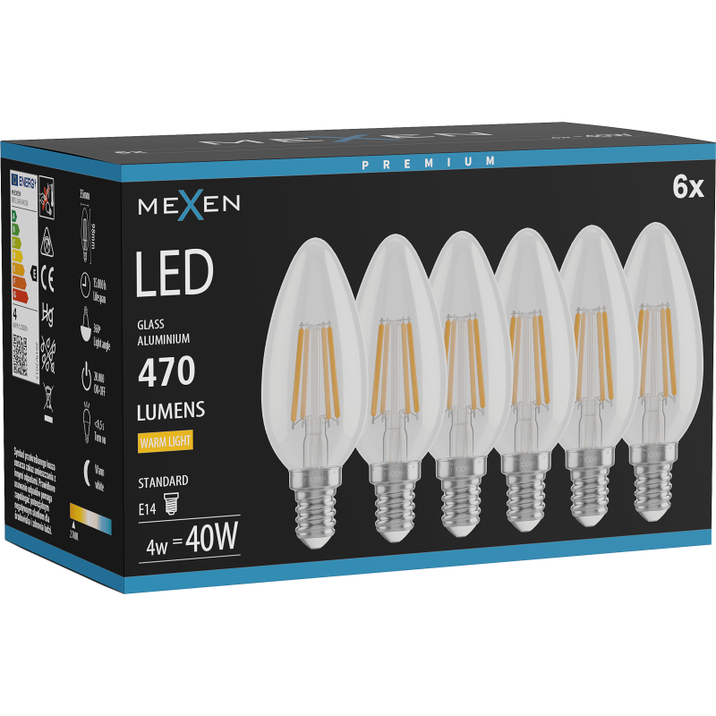 Mexen Vintis 6x LED žárovka filament E14, C35, 4W, Teplá - 2700K, 470 lm, čirá - L154-E14-0427-00x06