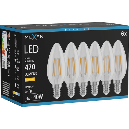 Mexen Vintis 6x LED žárovka filament E14, C35, 4W, Teplá - 2700K, 470 lm, čirá - L154-E14-0427-00x06